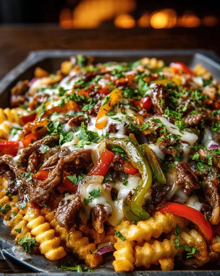 Delicious Loaded Philly Cheesesteak Fries dish topped with steak and cheese