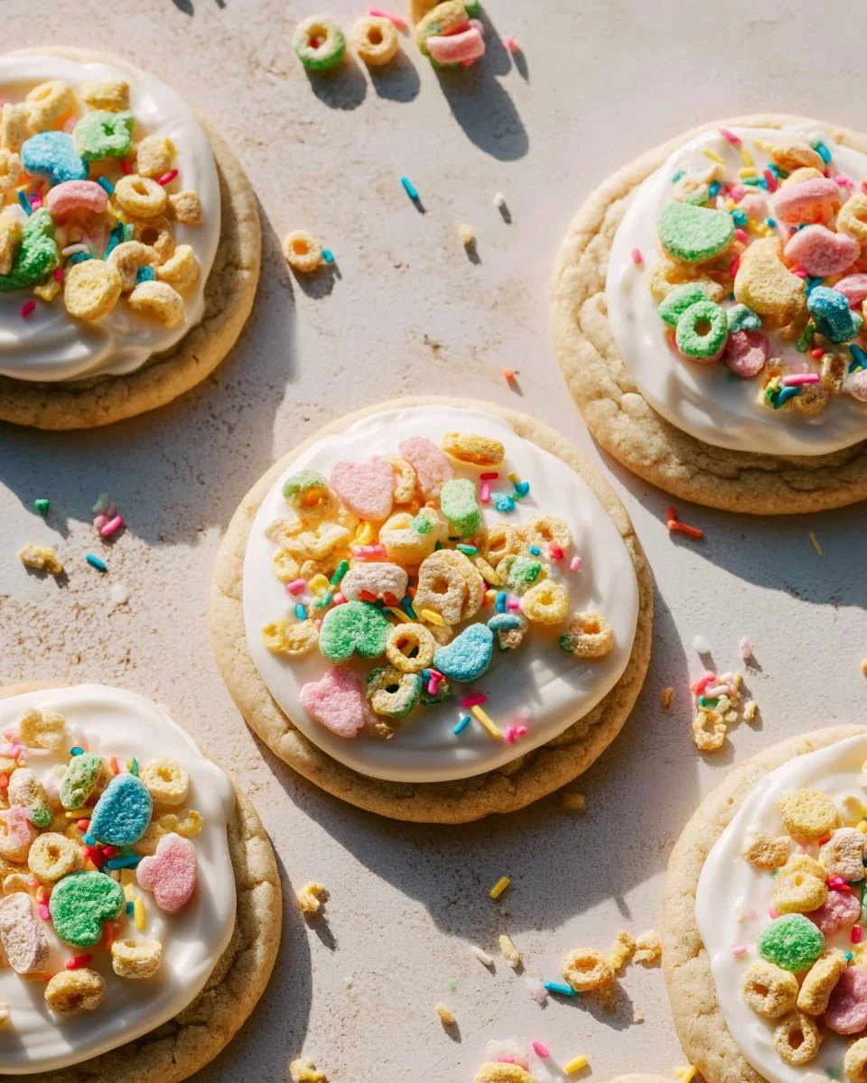 Delicious Lucky Charms sugar cookies decorated with colorful marshmallows.