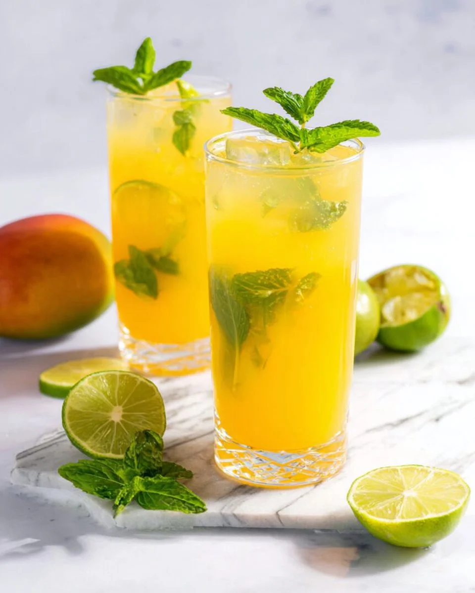 A vibrant Mango Mojito mocktail garnished with mint leaves and lime slices.