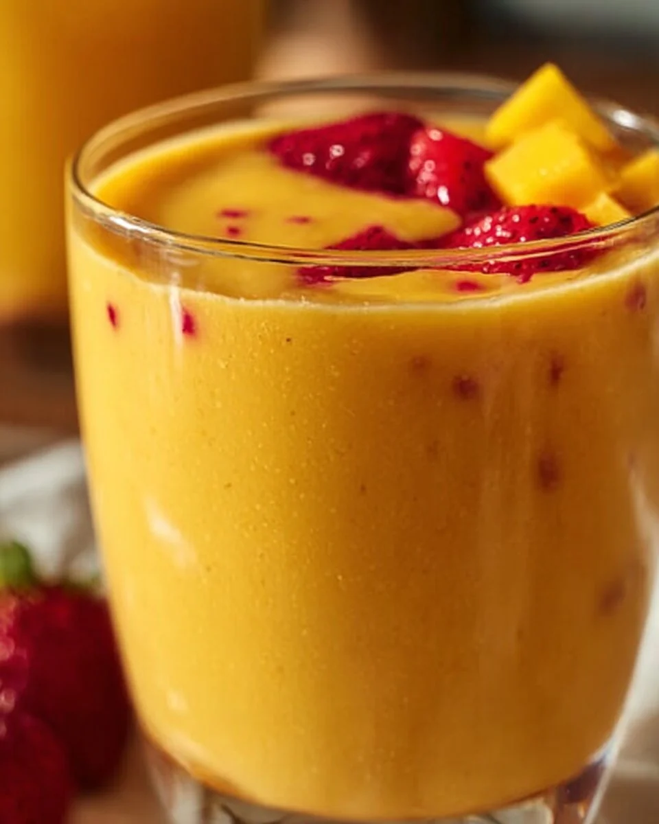 Delicious Mango Strawberry Smoothie in a glass garnished with fresh fruit