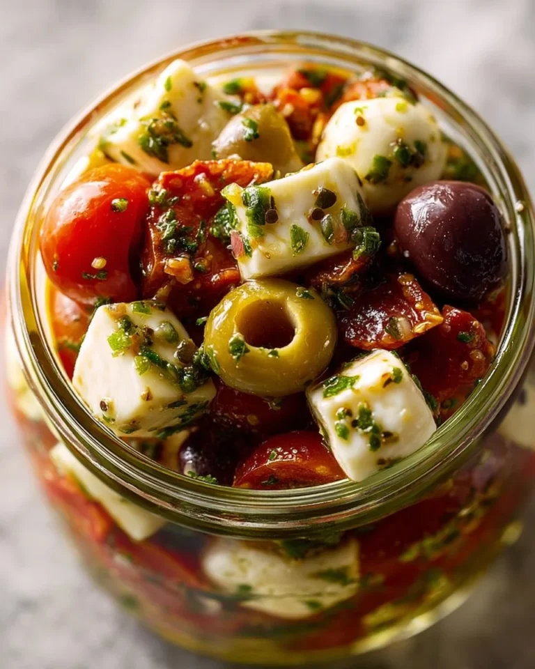 Marinated cheese antipasto salad featuring mozzarella and garlic.