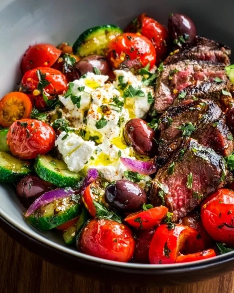 Mediterranean steak bowl topped with fresh vegetables and herbs