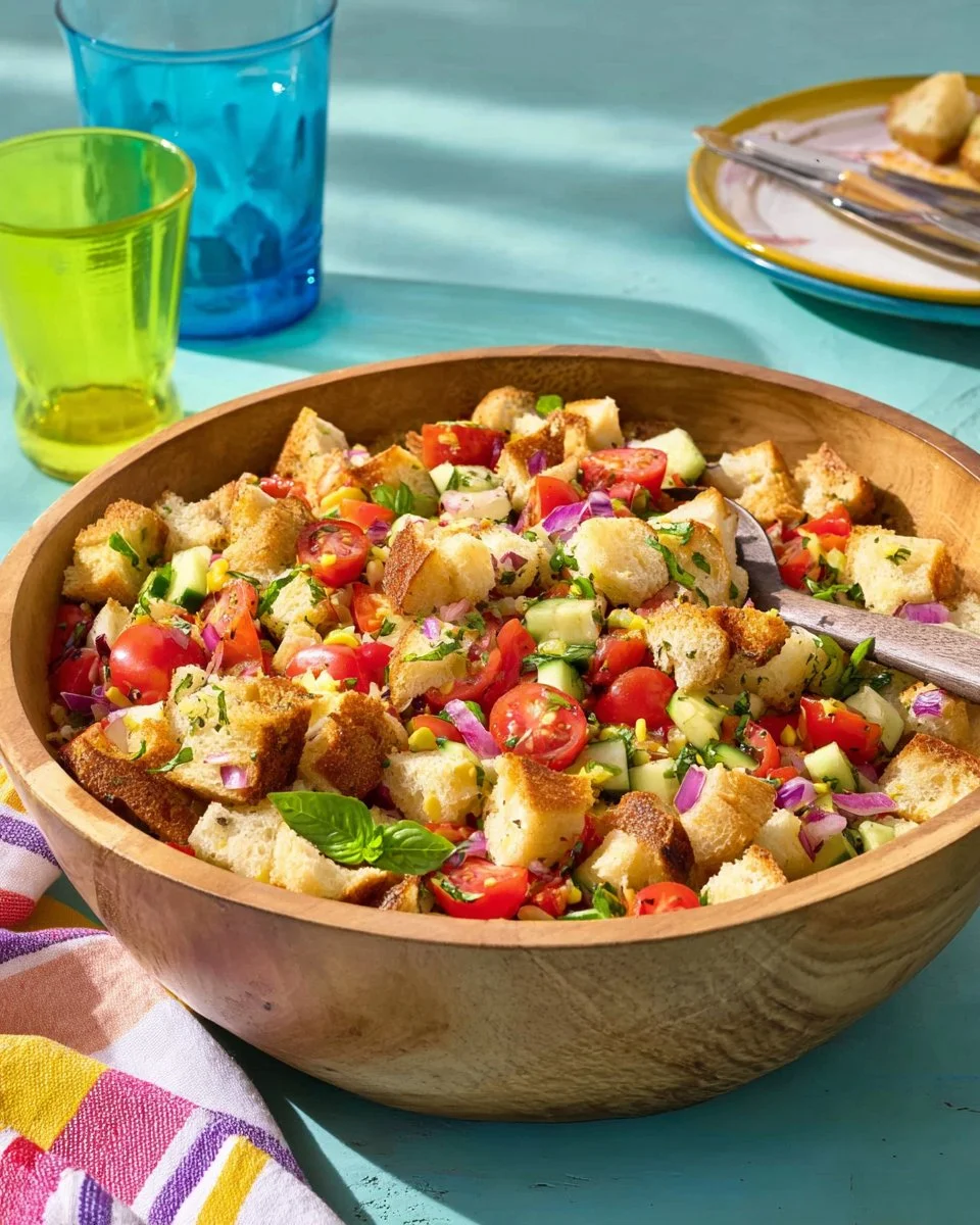 A vibrant Mid Summer Italian Bread Salad featuring fresh ingredients and bread.