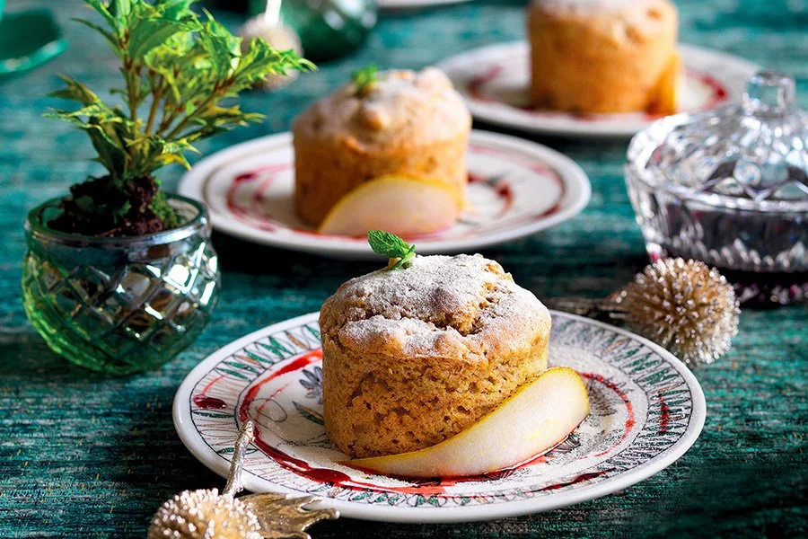 Mini Pear Panettones with Mulled Wine Sauce