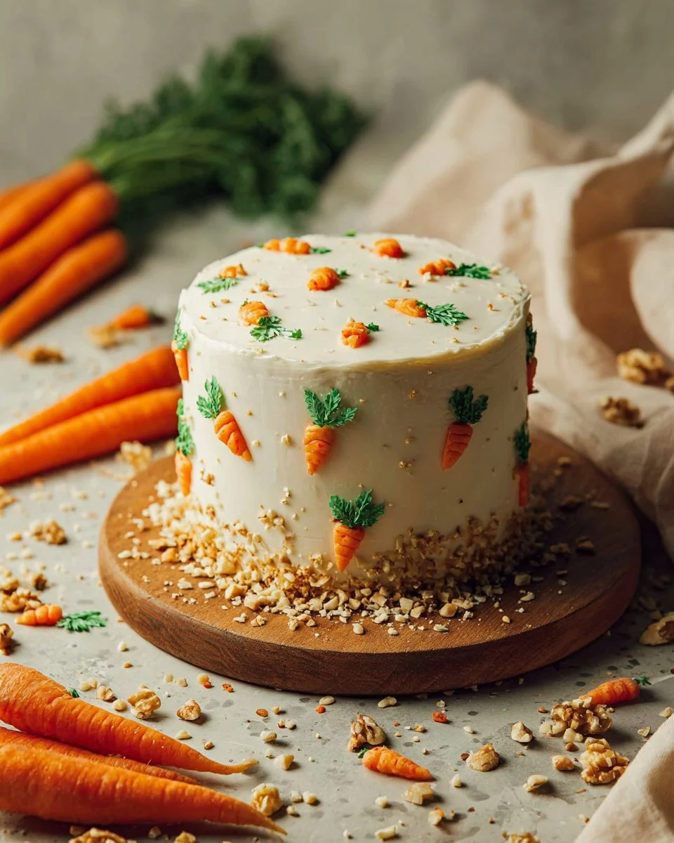 Deliciously moist carrot cake topped with cream cheese frosting and decorative carrots