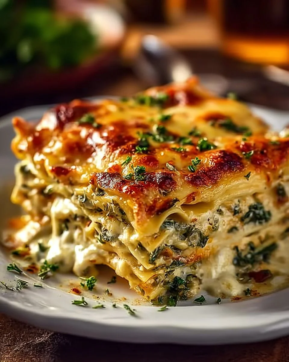 A delicious serving of Mushroom Lasagna with layers of creamy sauce and fresh mushrooms
