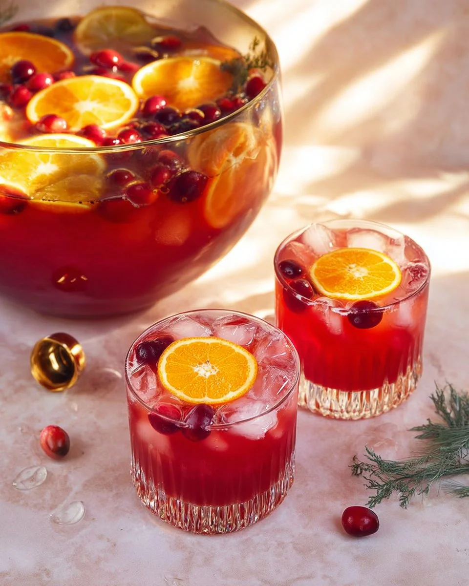 Festive non-alcoholic Christmas punch served in a glass with fruit garnishes.