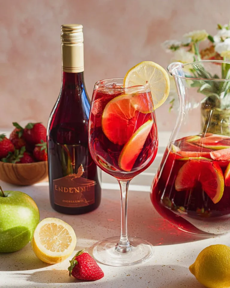 A refreshing glass of Non Alcoholic Sangria with fruits and herbs.