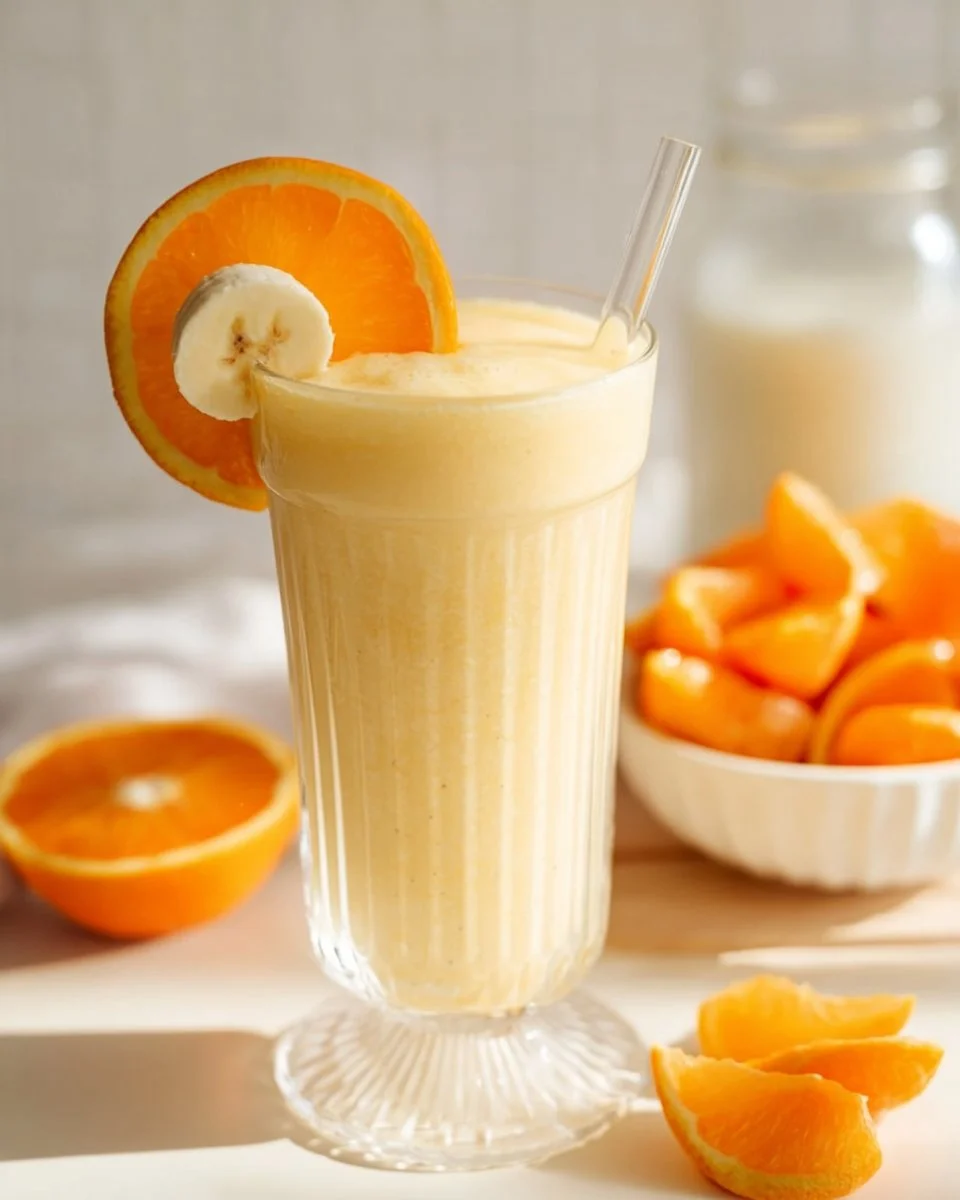 Delicious orange banana smoothie in a glass with a straw