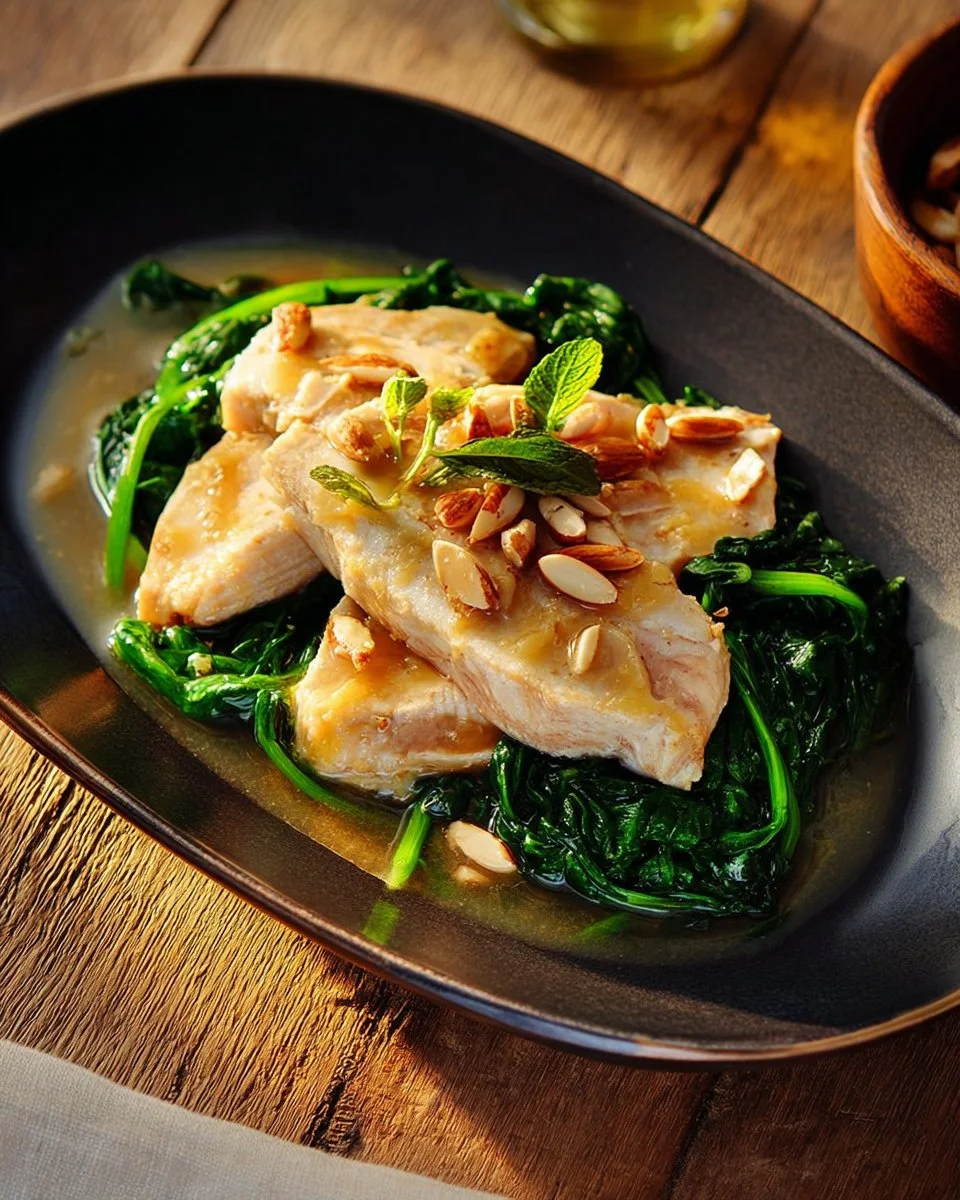 Orange Turkey dish with fresh spinach and almonds on a plate