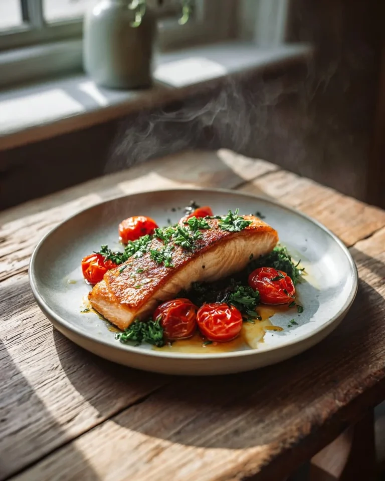 Delicious pan seared salmon dinner served with vegetables and lemon