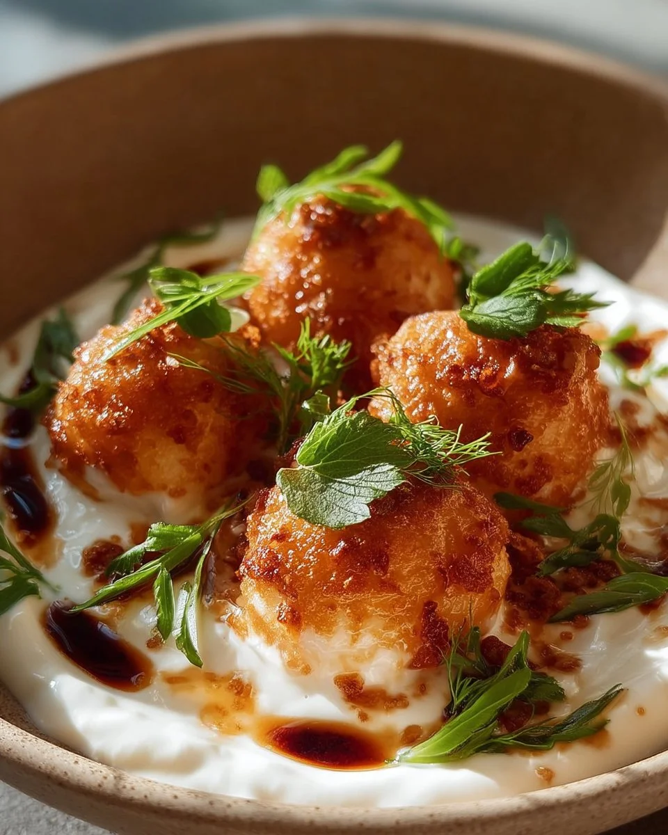 Parmesan–Asiago Cream topped with orange zest and white balsamic honey drizzle