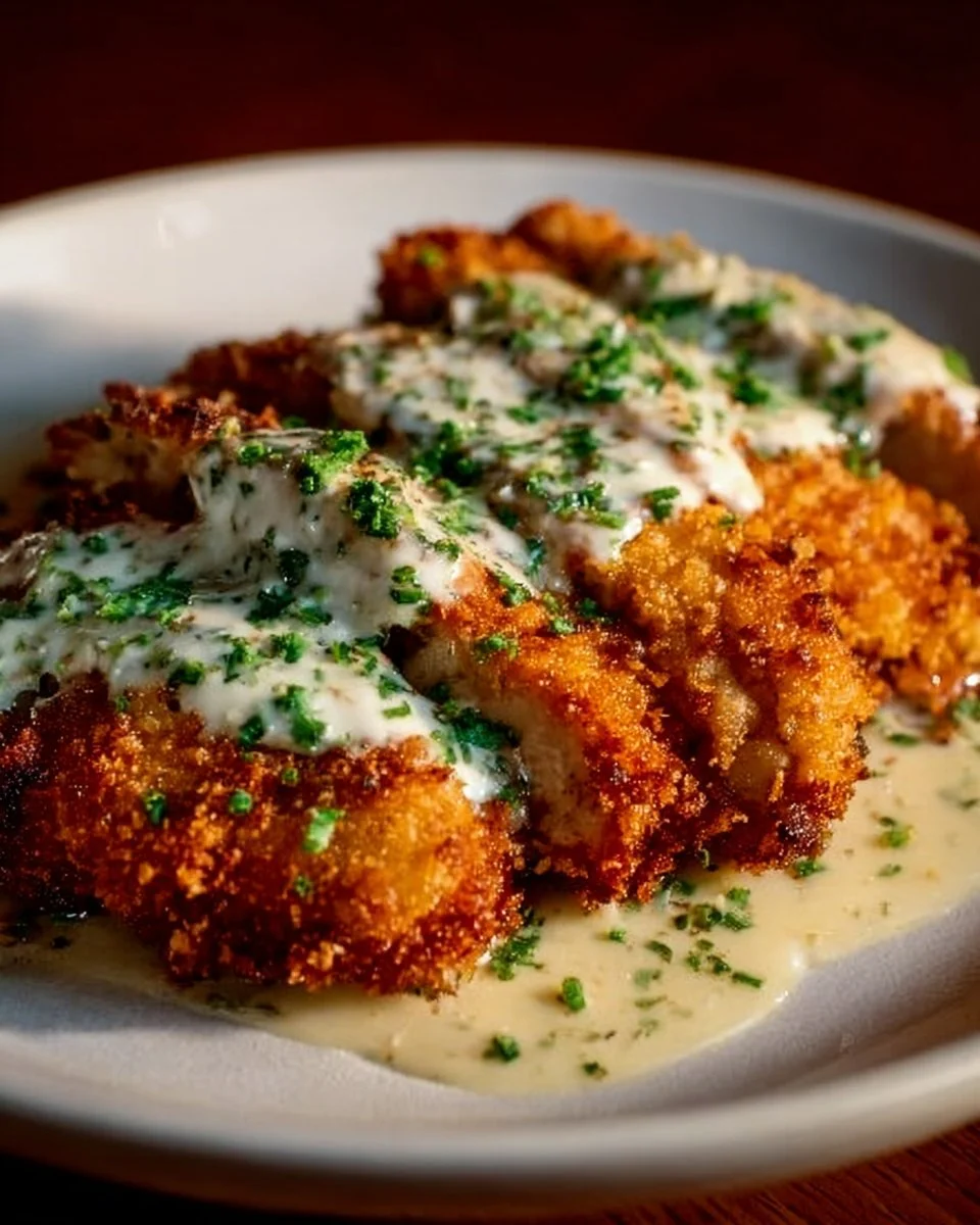 Parmesan Crusted Chicken with Creamy Garlic Sauce served on a plate