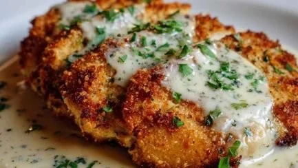 Parmesan Crusted Chicken with Creamy Garlic Sauce – Easy Family Dinner Recipe