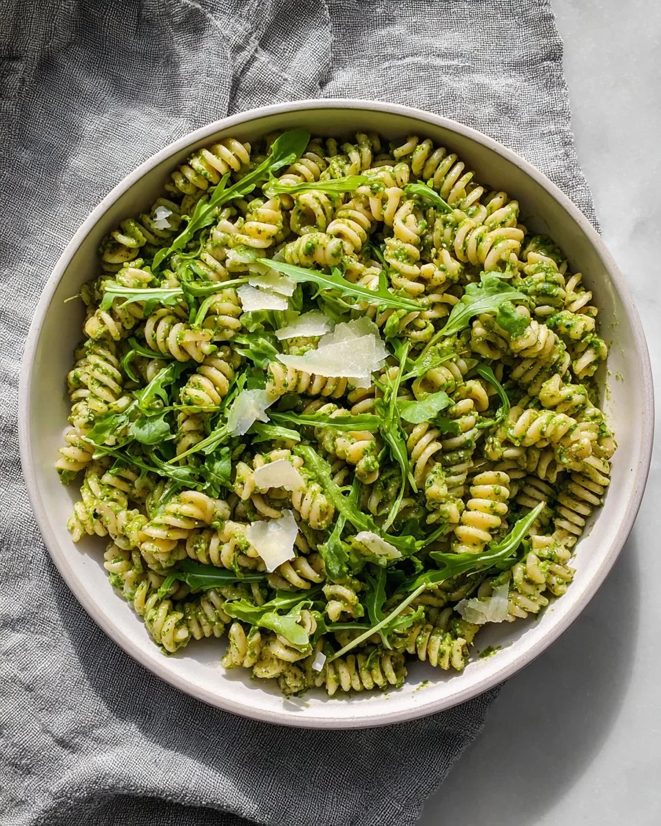 A bowl of vibrant pea pesto pasta topped with fresh herbs and Parmesan cheese.