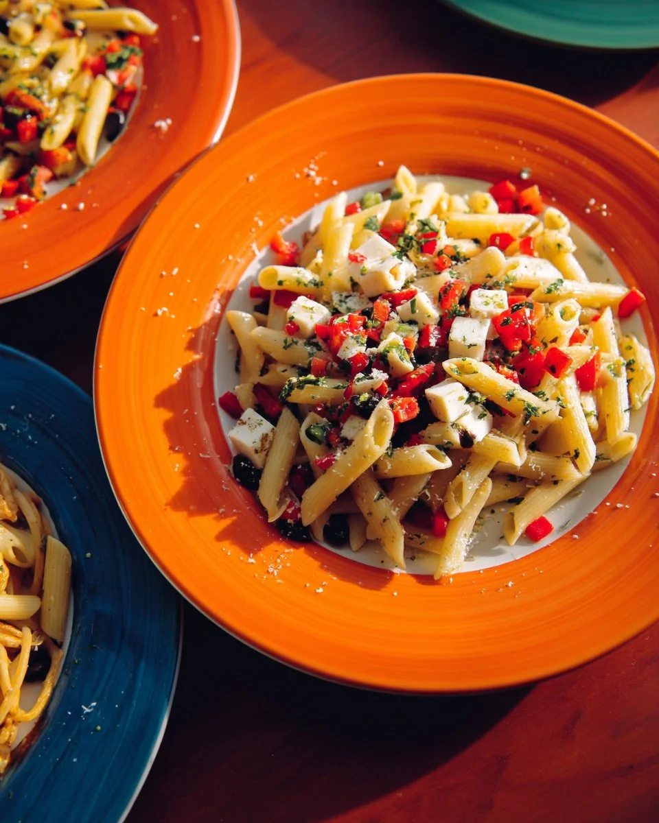 Penne pasta with mozzarella cheese, red peppers, and capers in a vibrant dish