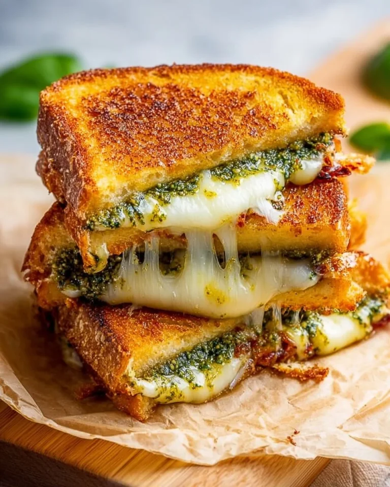 Pesto Grilled Cheese sandwich with fresh basil and melted cheese