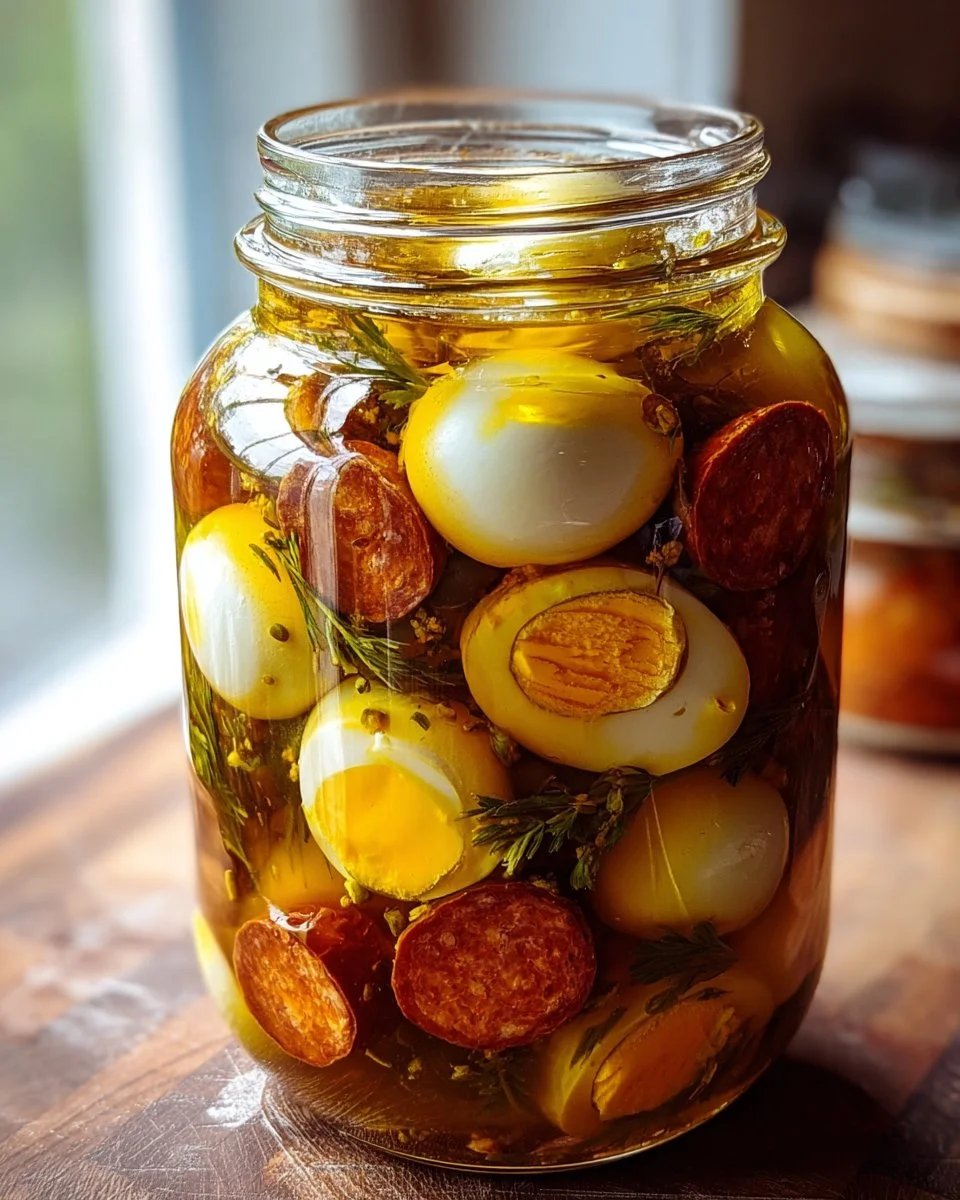 Homemade pickled eggs with sausage and onions on a wooden table