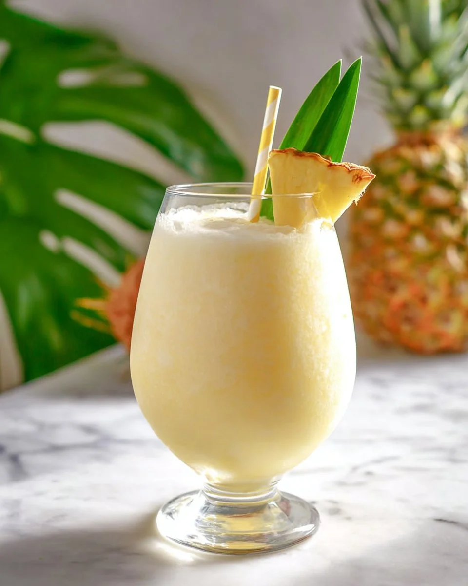 Refreshing Pineapple Coconut Mocktail garnished with a slice of pineapple