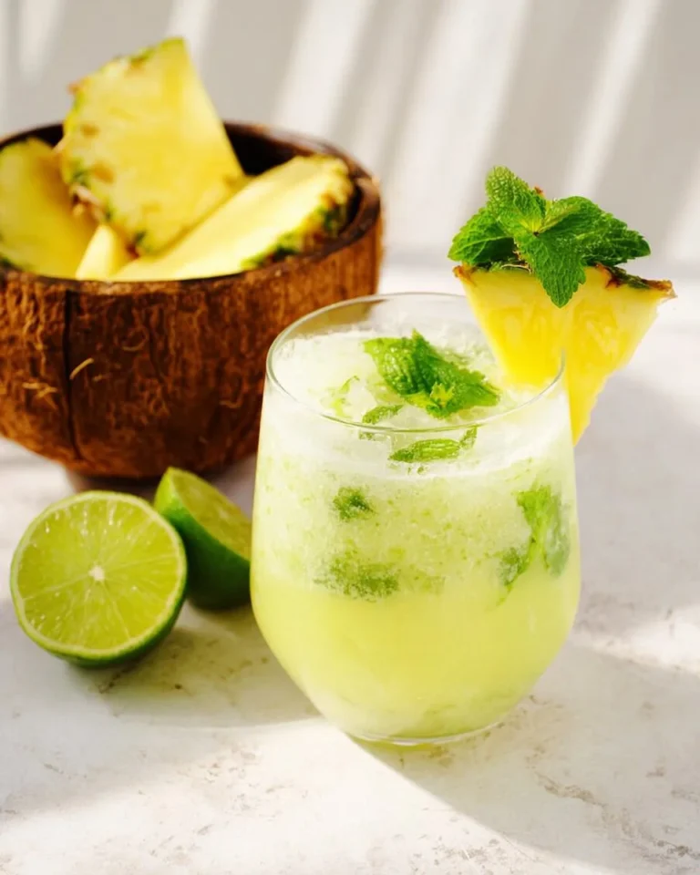 Delicious Pineapple Crush Mocktail served in a decorative glass with tropical garnishes.