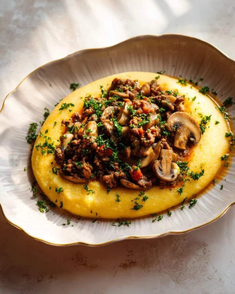 Dish of polenta served with rich mushroom ragù sauce