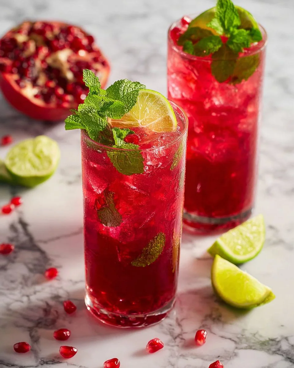 Refreshing pomegranate mocktails in elegant glasses with garnishes