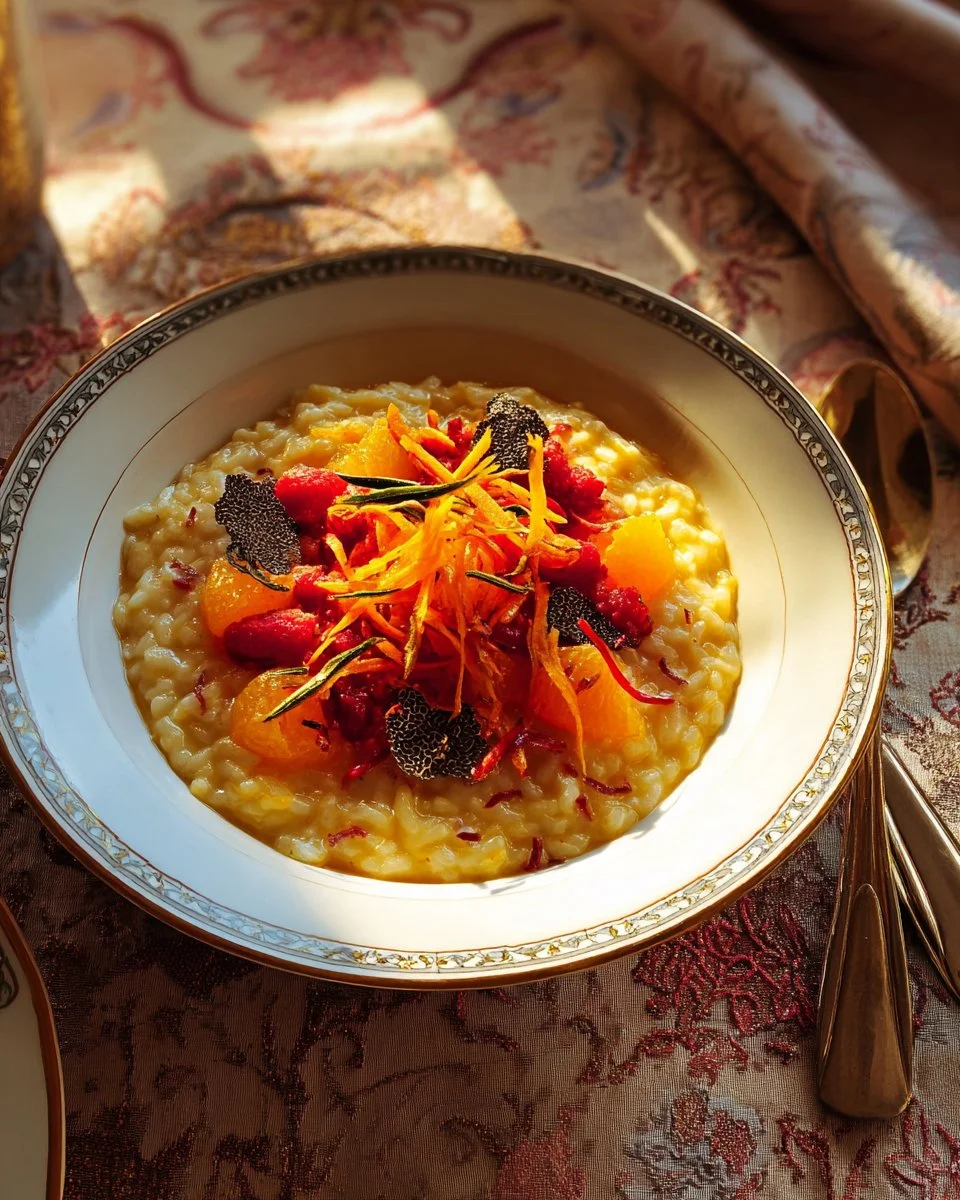 A bowl of Pumpkin Risotto topped with capers and grapefruit slices.