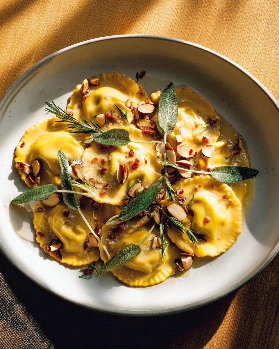 Ravioli with rocket, artichokes, and almonds on a plate