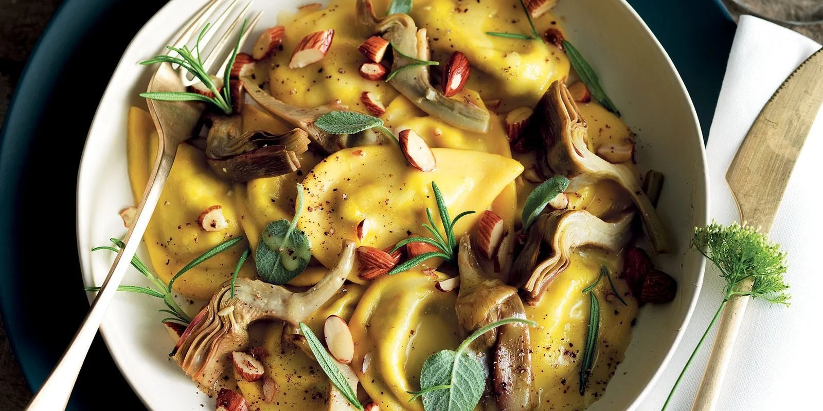 Ravioli with Rocket, Artichokes, and Almonds