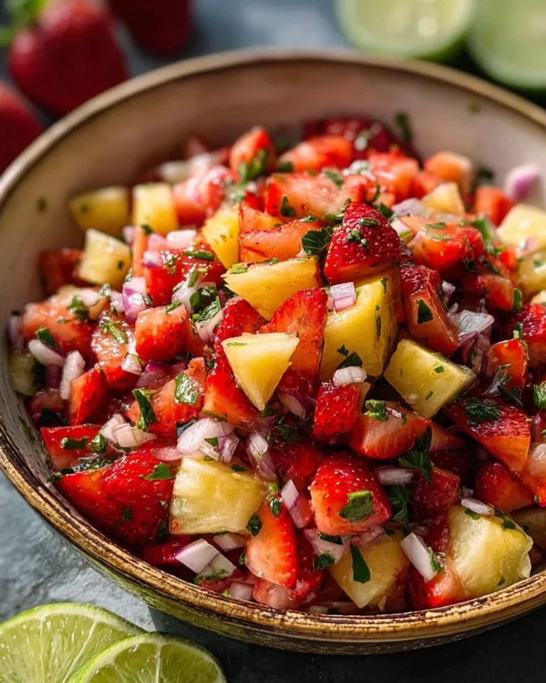 Bowl of refreshing strawberry pineapple salsa with vibrant colors and fresh ingredients.