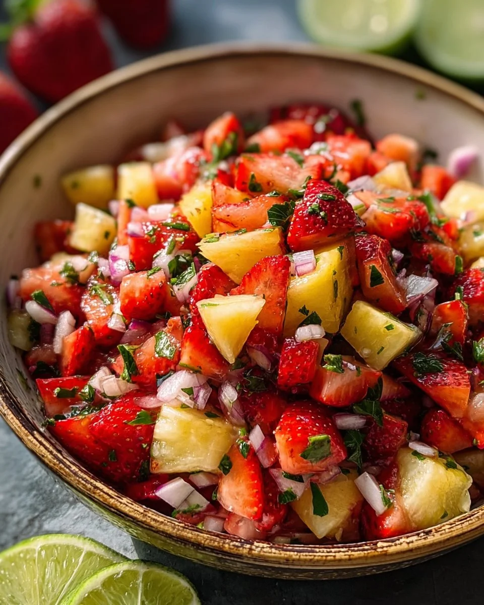 Bowl of refreshing strawberry pineapple salsa with vibrant colors and fresh ingredients.