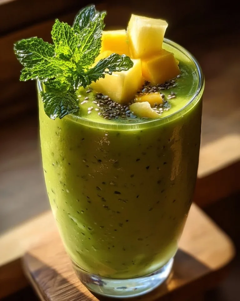 Celery pineapple detox smoothie in a glass with fresh ingredients.