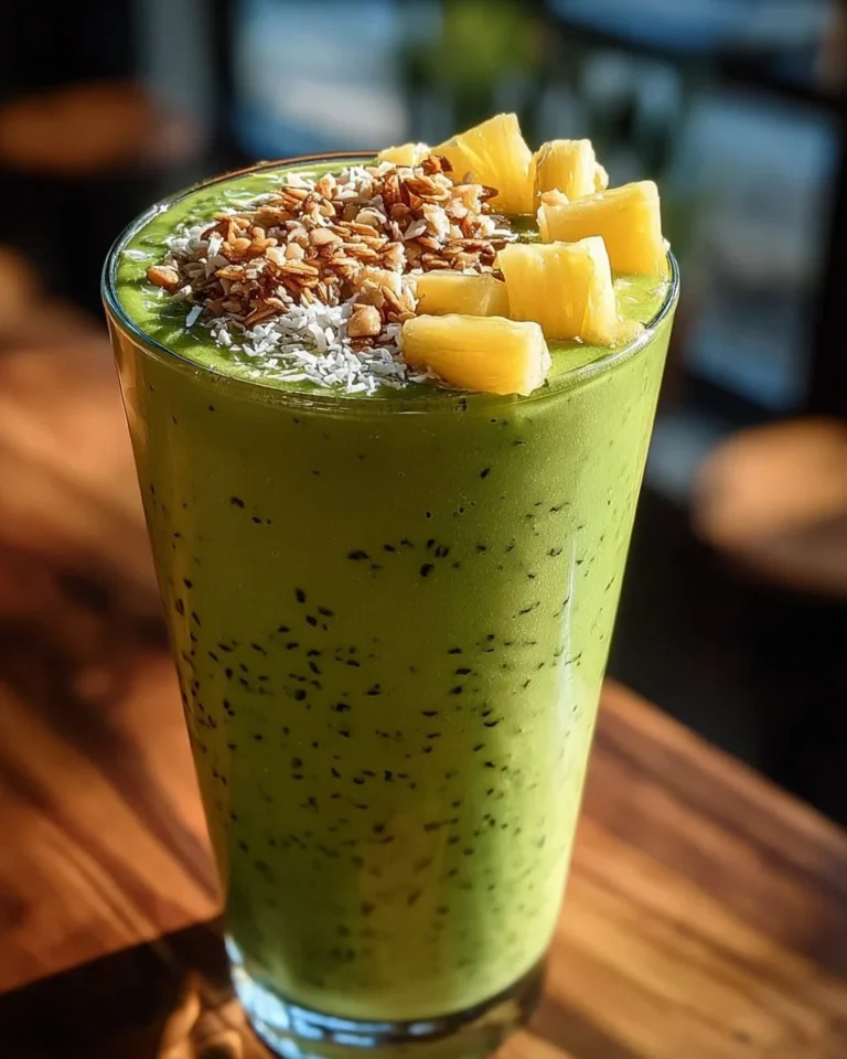 Glass of vibrant tropical greens smoothie with fresh fruits and leafy greens