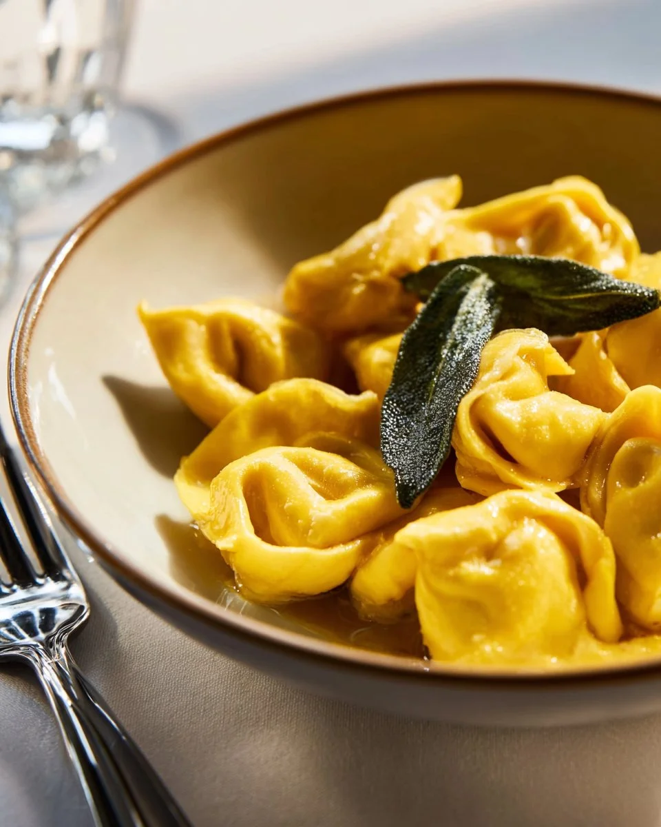 Homemade ricotta cheese tortelloni served with butter and sage sauce