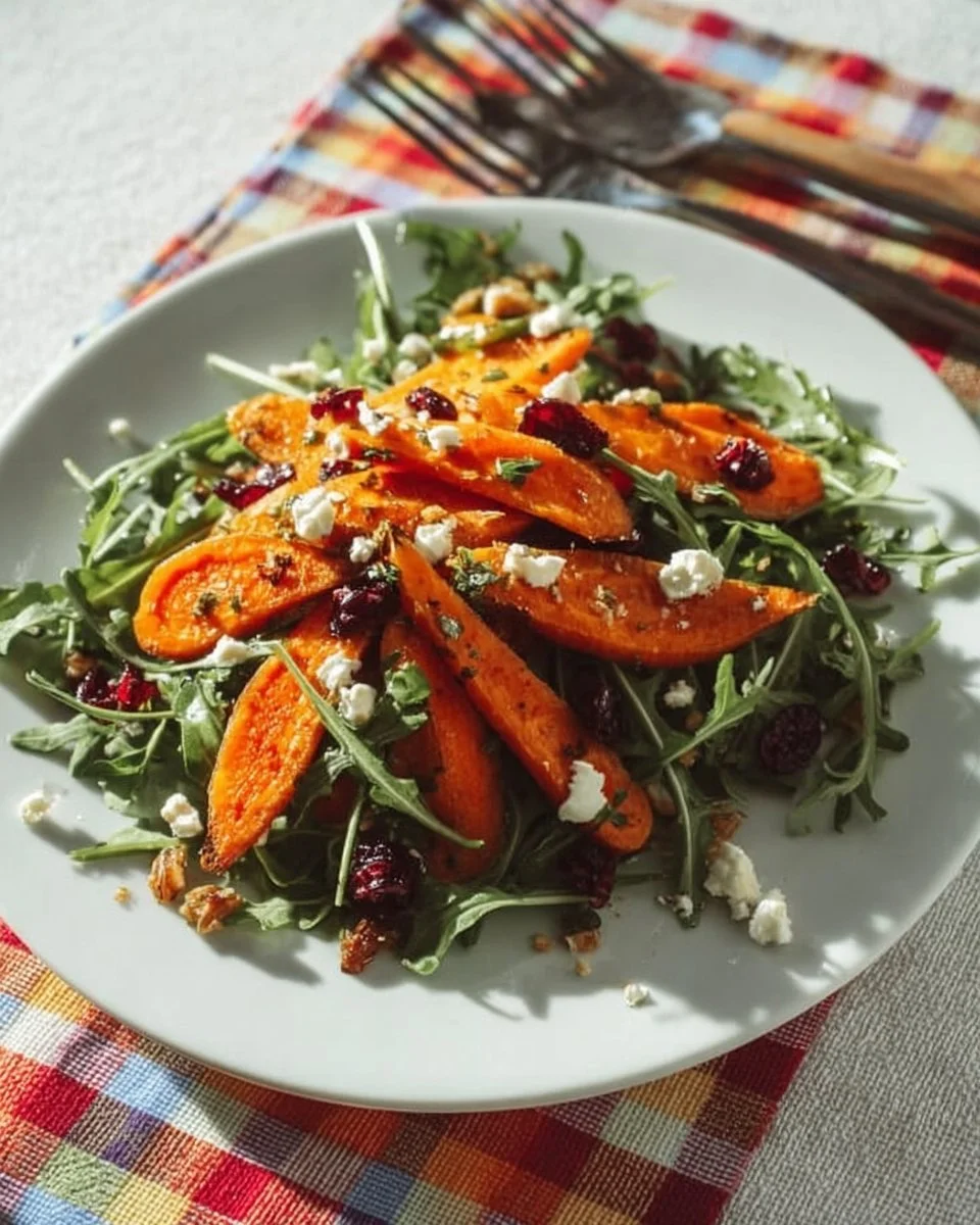 Delicious roasted carrot salad with fresh greens and vinaigrette dressing