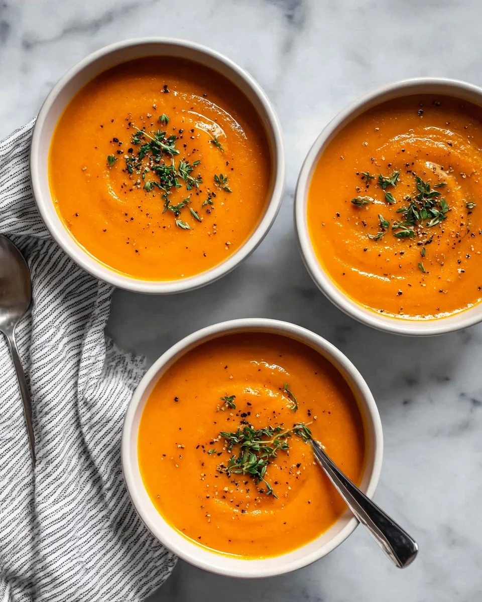 Bowl of creamy roasted carrot soup garnished with herbs