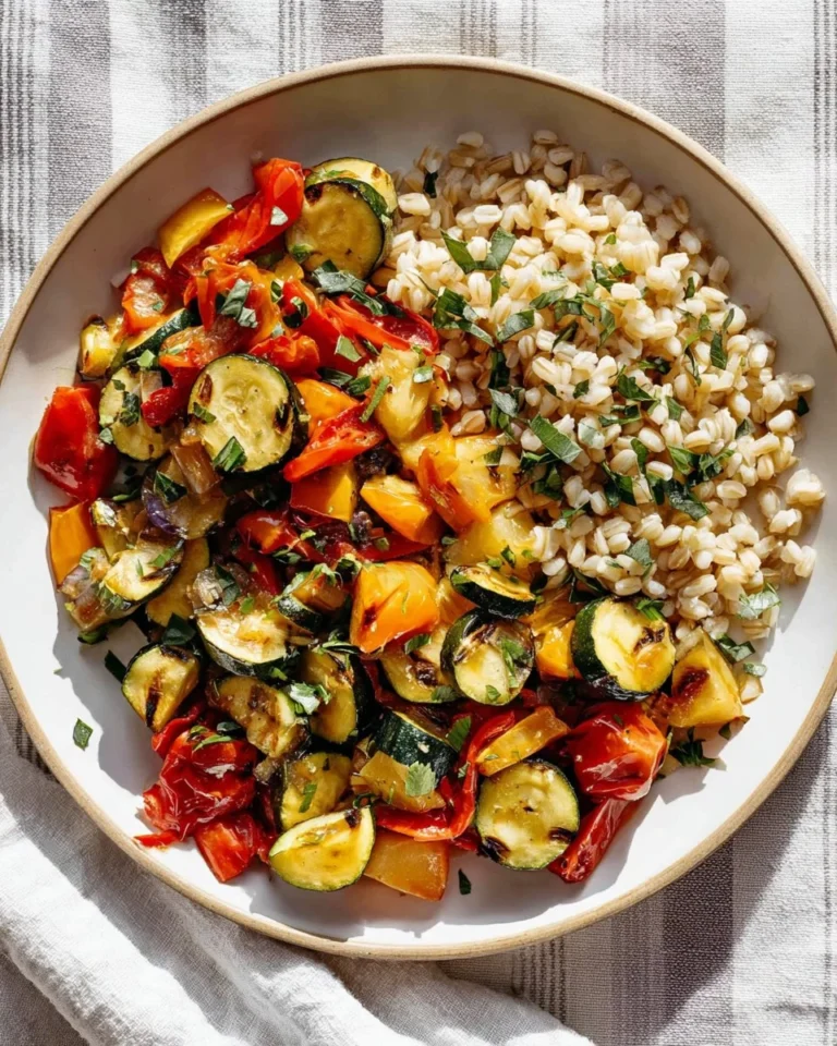 Dish of roasted Mediterranean vegetables and halloumi cheese on a plate