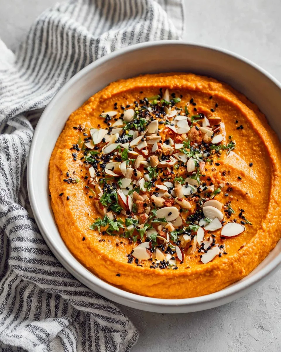 A bowl of roasted red pepper hummus garnished with olive oil and herbs.