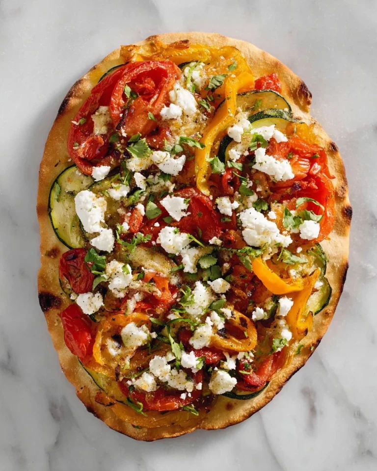 Roasted Vegetable Naan Flatbread Pizza topped with fresh veggies and herbs