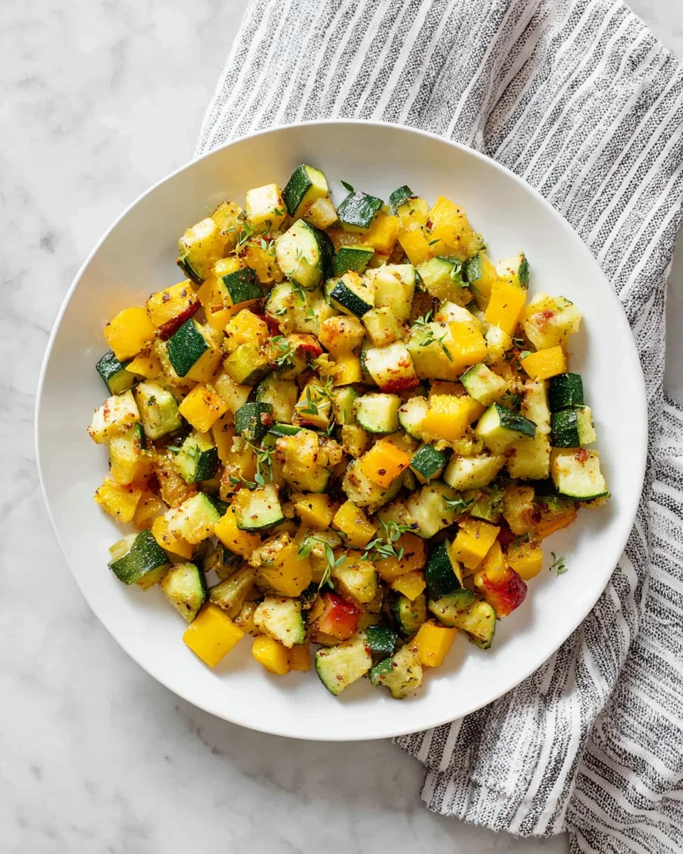 A plate of roasted zucchini and yellow squash, seasoned and golden brown.