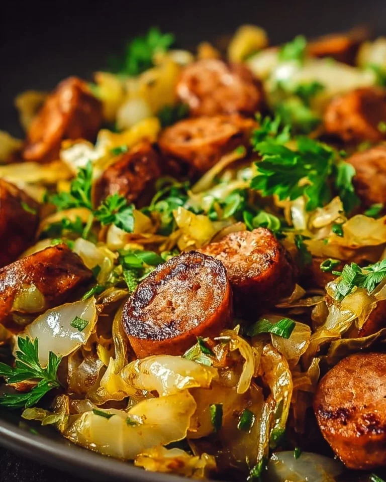 Sausage and Cabbage Stir Fry in a skillet with colorful vegetables