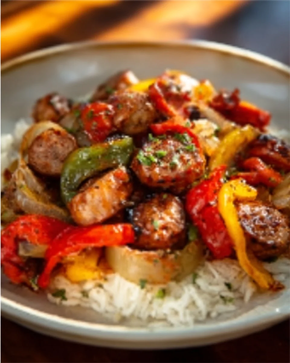 Delicious sausage and peppers dish with onions and tomatoes over rice