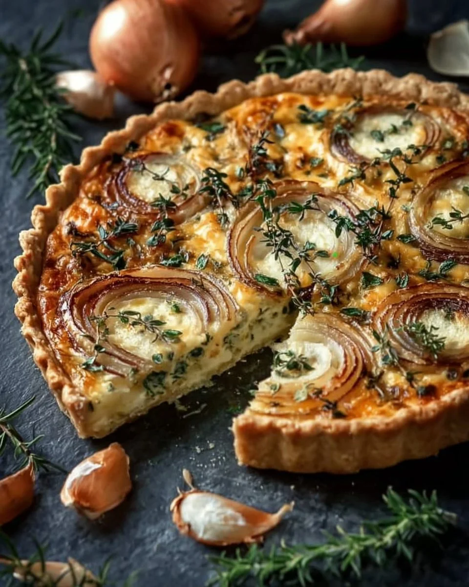 Savory onion tart with creamy cheese filling and fresh herbs, rustic and flavorful dish.