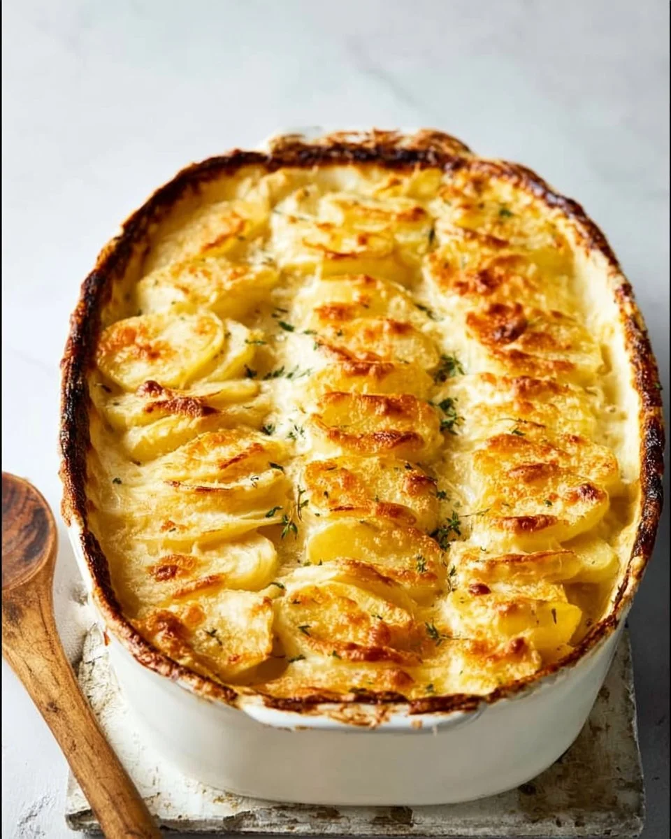 Dish of creamy scalloped potatoes baked to perfection