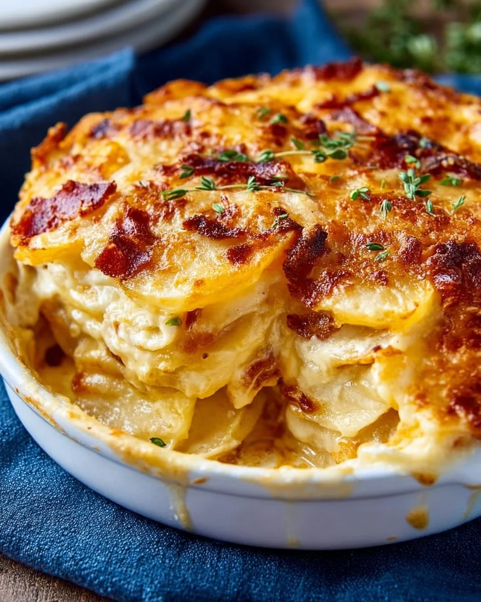 Delicious scalloped potatoes with bacon and caramelized onions in a creamy sauce