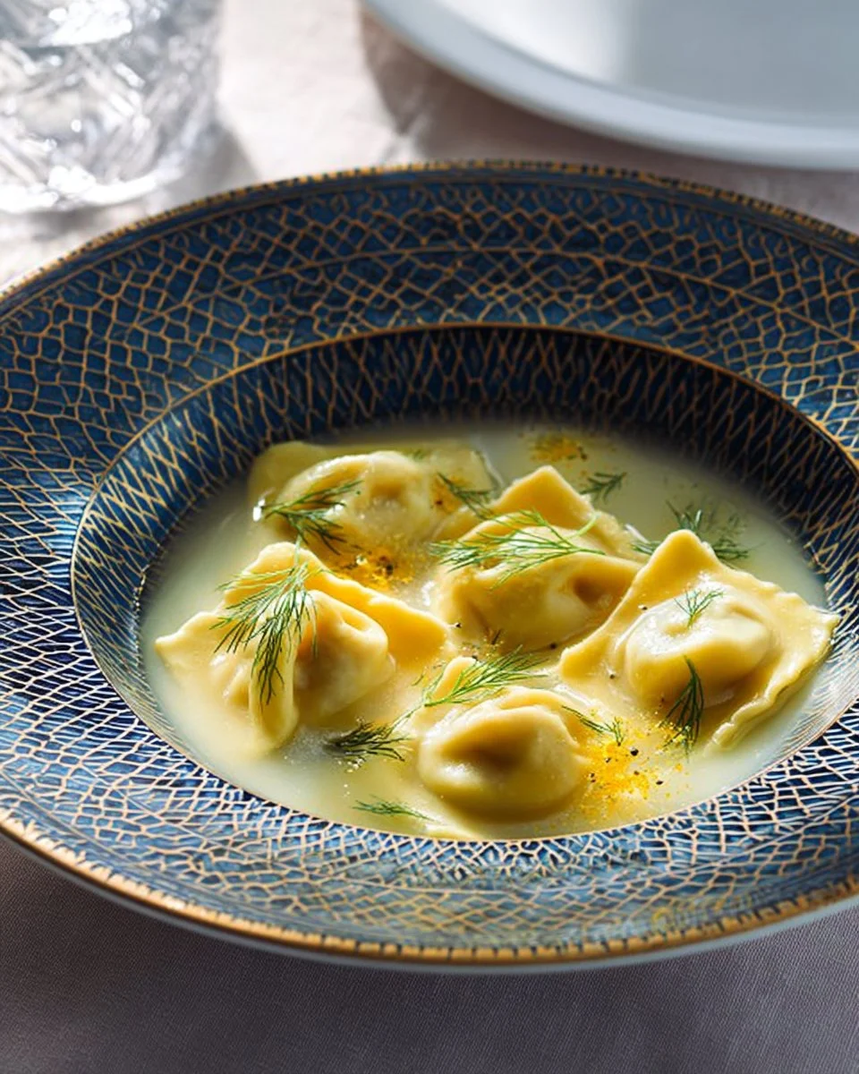 Delicious Sea Bass Tortelli served in a savory fish broth