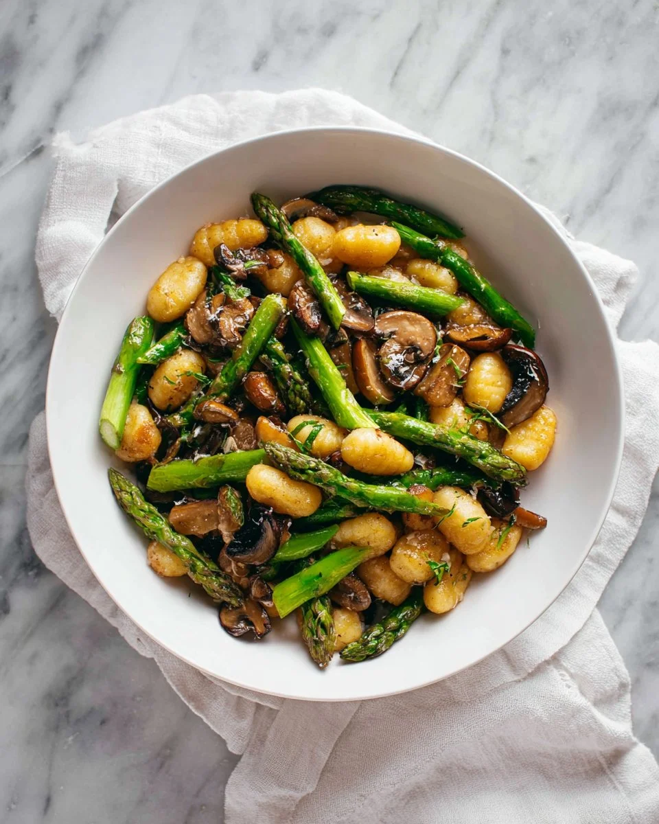 Sheet Pan Asparagus Mushroom Gnocchi, a colorful and flavorful dish