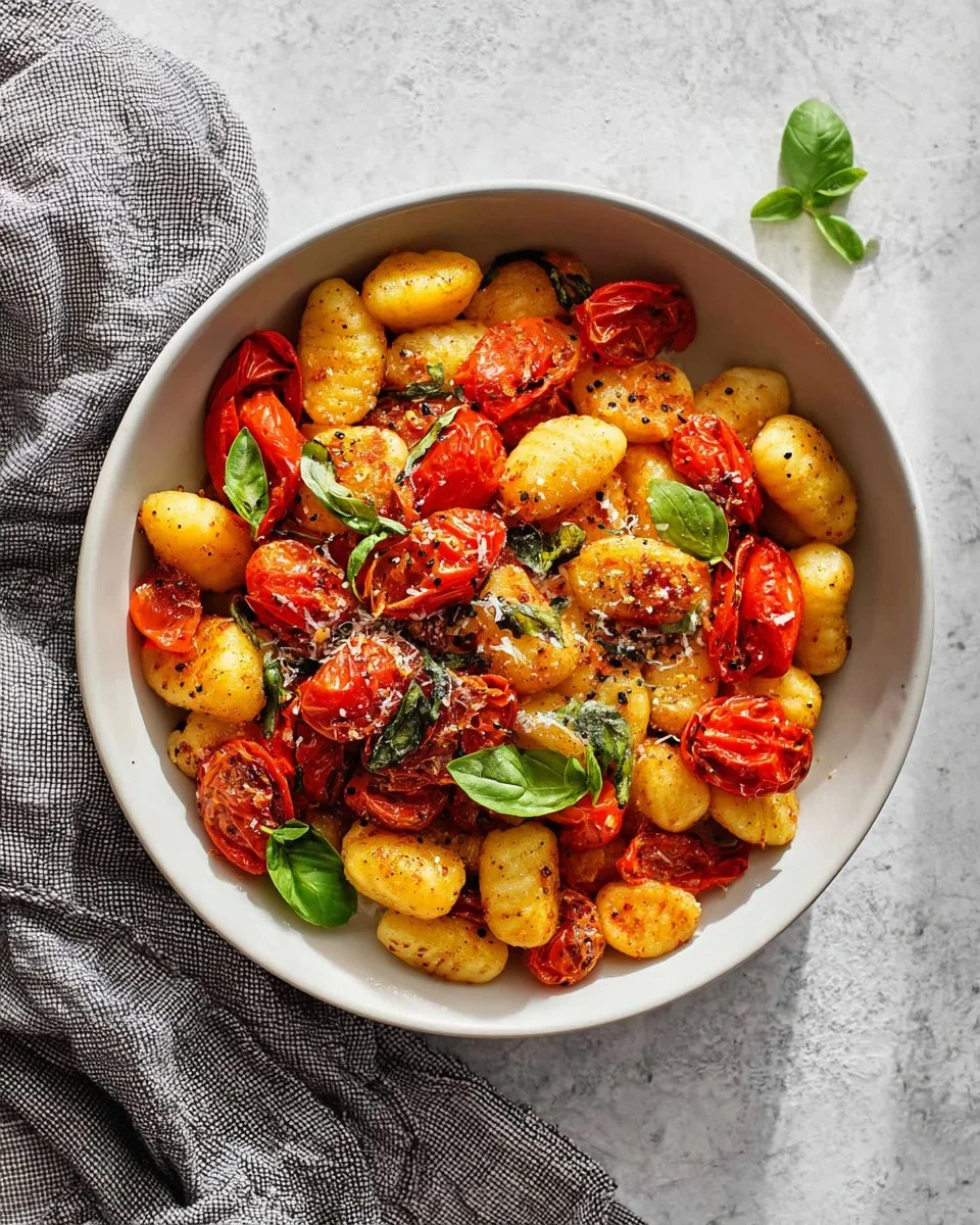 Sheet Pan Cherry Tomato Gnocchi with fresh ingredients on a baking tray