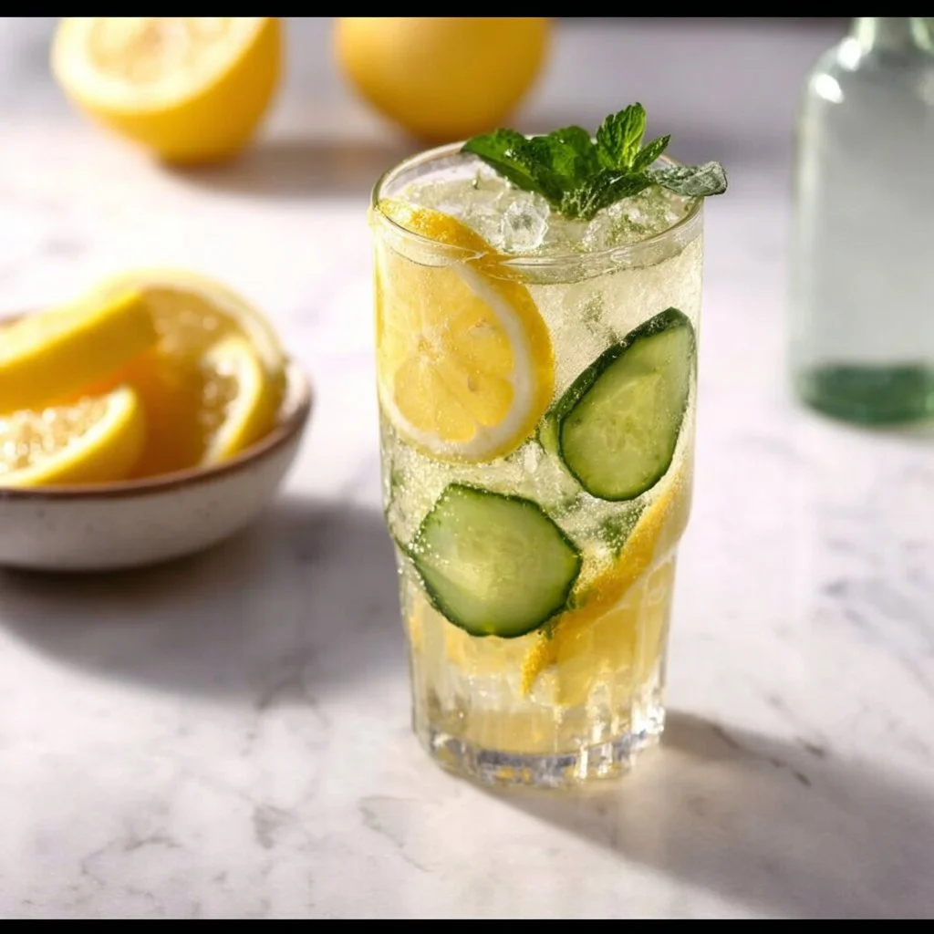 Skinny cortisol mocktail in a glass with fresh ingredients and garnish