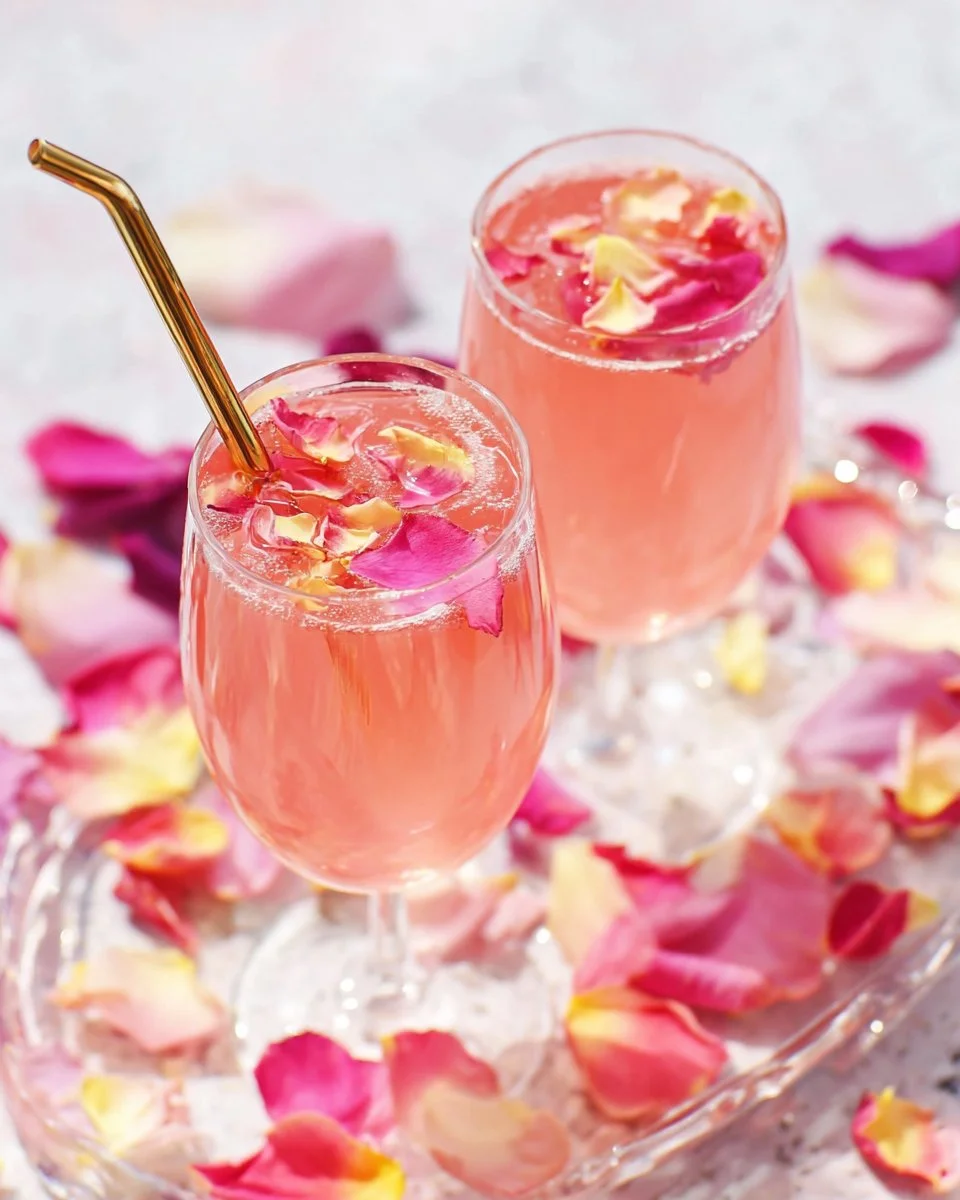 Sparkling rose lemonade served in a glass with fresh lemon slices and rose petals.